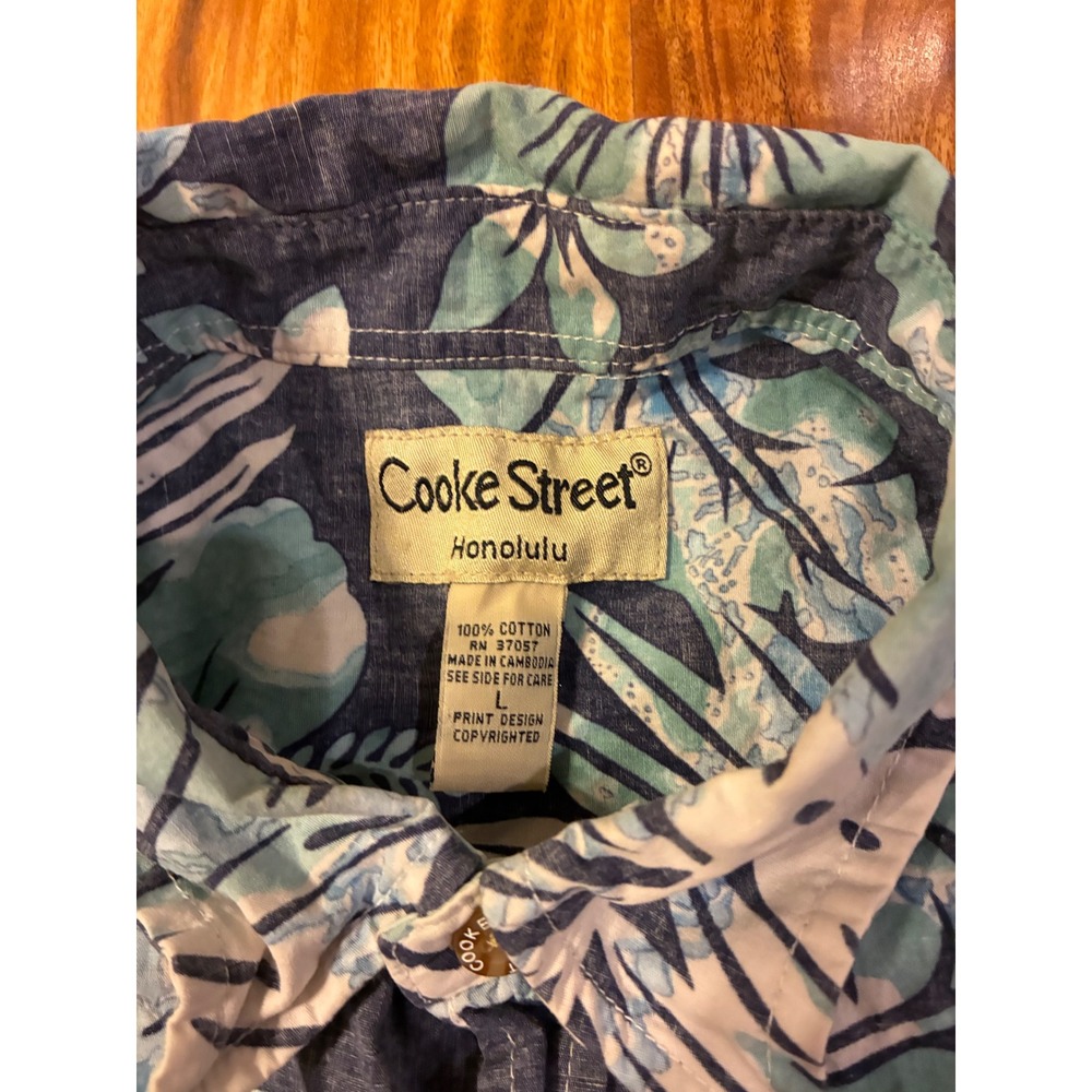 Cooke Street Honolulu Mens Blue Floral Cotton‎ Hawaiian Shirt L Vintage Damaged - Picture 3 of 7